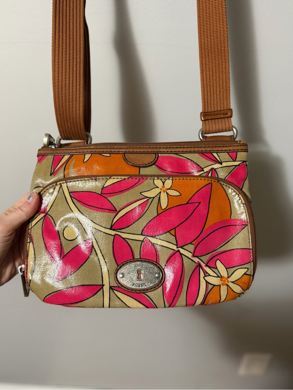 Fossil Key-Per Floral Citrus Crossbody Bag Pink Orange Canvas Coated Purse